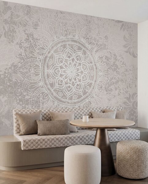 Tapet Un model de mandala alb detaliat pe un fundal vintage cu textura gri deschis, Fototapet în stil oriental, w08246 : Uwalls.ro