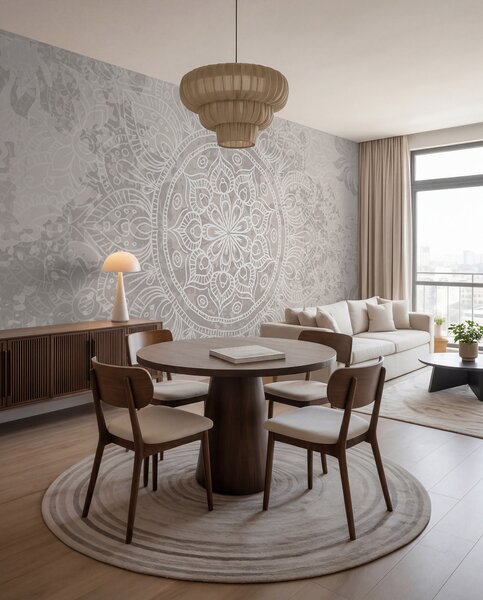 Tapet Un model de mandala alb detaliat pe un fundal vintage cu textura gri deschis, Fototapet în stil oriental, w08246 : Uwalls.ro