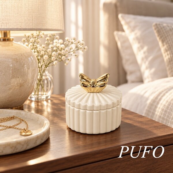 Bomboniera decorativa din ceramica cu capac, cutie pentru bijuterii, bomboane si accesorii, design elegant, 10.5 cm