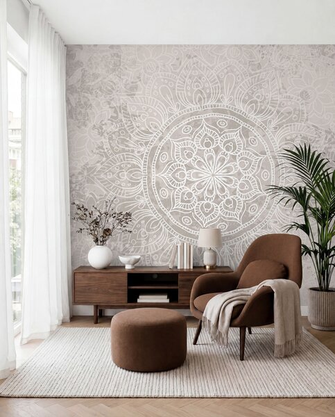 Tapet Un model de mandala alb detaliat pe un fundal vintage cu textura gri deschis, Fototapet în stil oriental, w08246 : Uwalls.ro