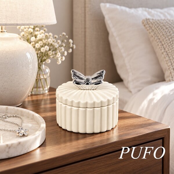 Bomboniera decorativa din ceramica cu capac, cutie pentru bijuterii, bomboane si accesorii, design elegant, 10.5 cm