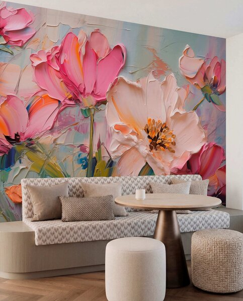 Tapet Flori roz strălucitoare pe un fundal gri albastru deschis, Fototapet 3D, Fototapet 3D Flori, w01039 : Uwalls.ro