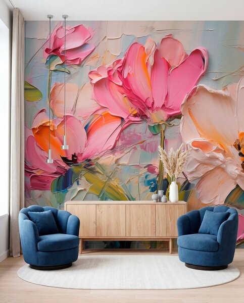 Tapet Flori roz strălucitoare pe un fundal gri albastru deschis, Fototapet 3D, Fototapet 3D Flori, w01039 : Uwalls.ro