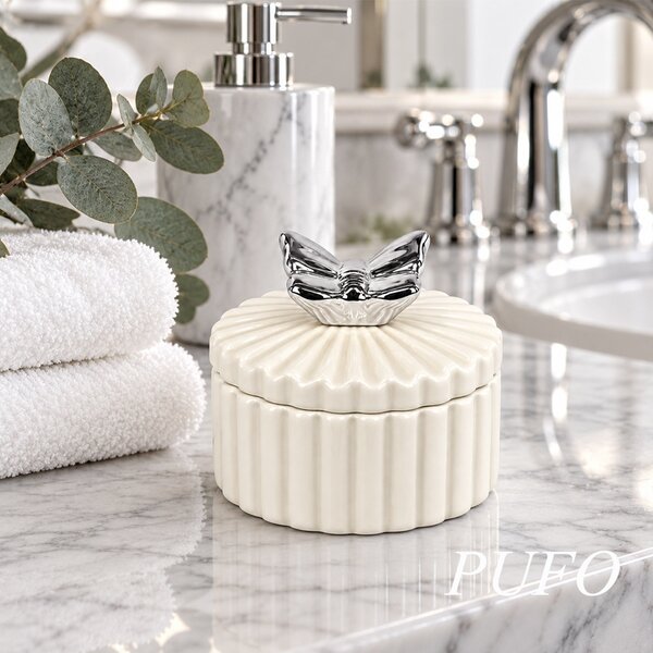 Bomboniera decorativa din ceramica cu capac, cutie pentru bijuterii, bomboane si accesorii, design elegant, 10.5 cm
