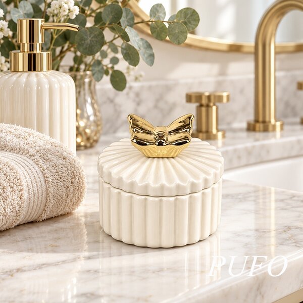 Bomboniera decorativa din ceramica cu capac, cutie pentru bijuterii, bomboane si accesorii, design elegant, 10.5 cm