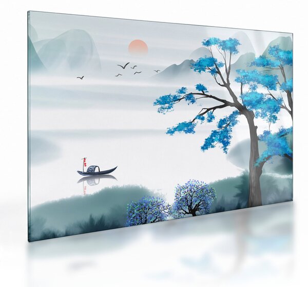 Tablou pe sticlă - Pictură, lac cu barcă (70x50 cm)