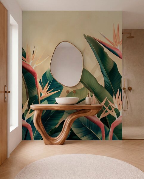 Tapet Aranjament luxuriant de flori tropicale, înconjurat de frunze mari de culoare verde închis, Fototapet Natură, w01484v1 : Uwalls.ro
