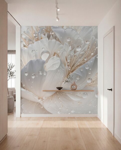 Tapet Un prim-plan al unei flori albe de bujor cu petale delicate și picături de apă, Fototapet 3D, Fototapet 3D Flori, w08262 : Uwalls.ro