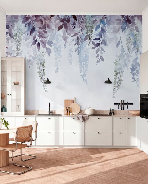 Tapet Wisteria floare ornament, florale, acuarelă, albastru și violet culori, Fototapet Flori, w01545v1 : Uwalls.ro