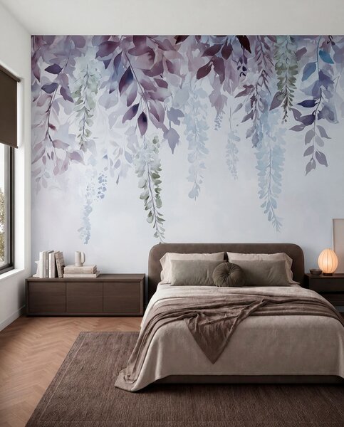 Tapet Wisteria floare ornament, florale, acuarelă, albastru și violet culori, Fototapet Flori, w01545v1 : Uwalls.ro