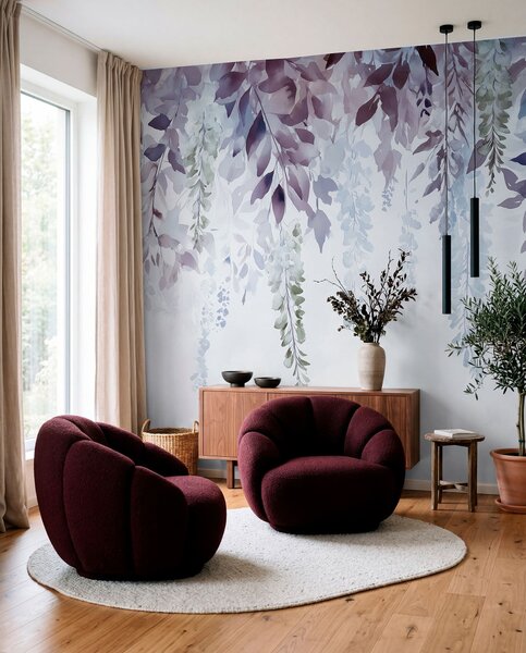Tapet Wisteria floare ornament, florale, acuarelă, albastru și violet culori, Fototapet Flori, w01545v1 : Uwalls.ro