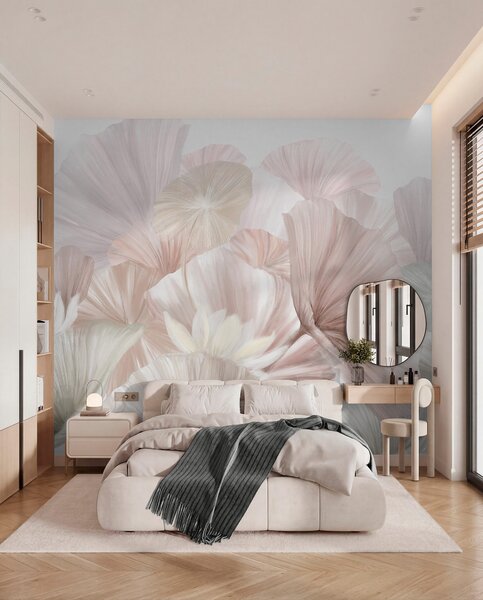 Tapet Frunze delicate de lotus roz cu flori albe cu petale moi, cu pene, aranjate într-o, Fototapet 3D, Fototapet 3D Flori, w08265v1 : Uwalls.ro