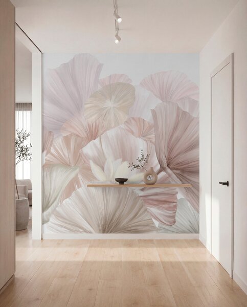 Tapet Frunze delicate de lotus roz cu flori albe cu petale moi, cu pene, aranjate într-o, Fototapet 3D, Fototapet 3D Flori, w08265v1 : Uwalls.ro
