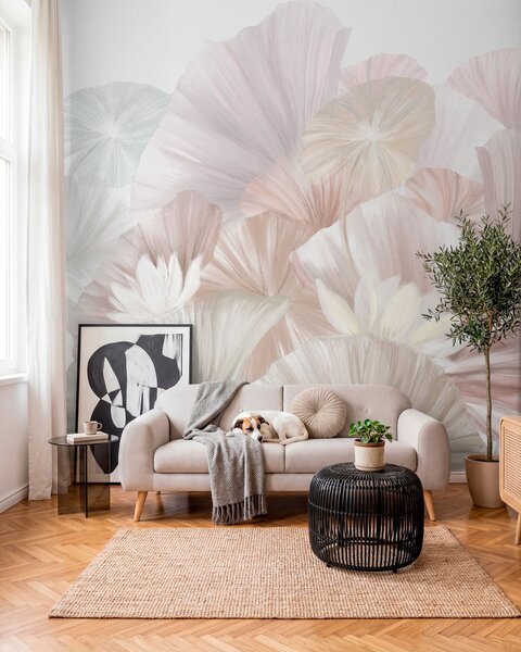 Tapet Frunze delicate de lotus roz cu flori albe cu petale moi, cu pene, aranjate într-o, Fototapet 3D, Fototapet 3D Flori, w08265v1 : Uwalls.ro