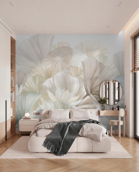 Tapet Frunze delicate de lotus verde cu flori albe cu petale moi, cu pene, aranjate într-o compoziție, Fototapet Acuarelă, w08265 : Uwalls.ro