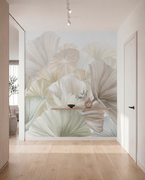 Tapet Frunze delicate de lotus verde cu flori albe cu petale moi, cu pene, aranjate într-o compoziție, Fototapet Acuarelă, w08265 : Uwalls.ro