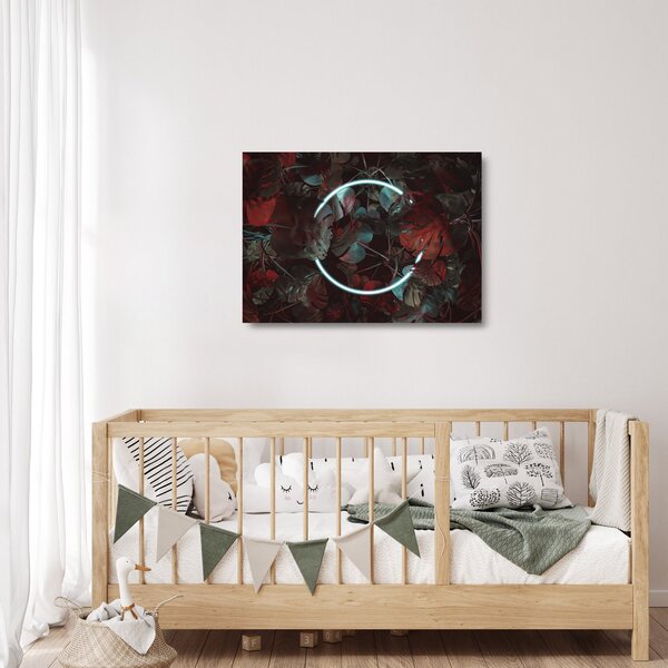 Tablou pe sticlă - Cerc de neon între palmieri (70x50 cm)
