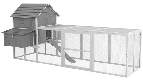 Pawhut Cotet pentru Gaini Ouatoare pentru Exterior, Adapost pentru Gaini cu Rampa si Zona Deschisa Imprejmuita, 310.5x149.5x149cm, Gri