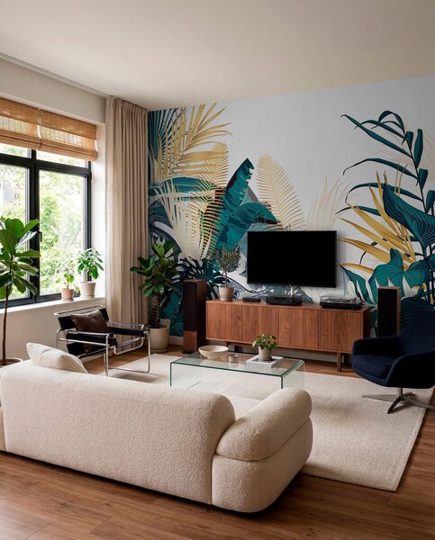 Tapet Un frunziș tropical verde luxuriant, inclusiv frunze de palmier, ferigi și alte plante exotice în, Fototapet Natură, w08338 : Uwalls.ro