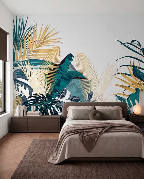Tapet Un frunziș tropical verde luxuriant, inclusiv frunze de palmier, ferigi și alte plante exotice în, Fototapet Natură, w08338 : Uwalls.ro