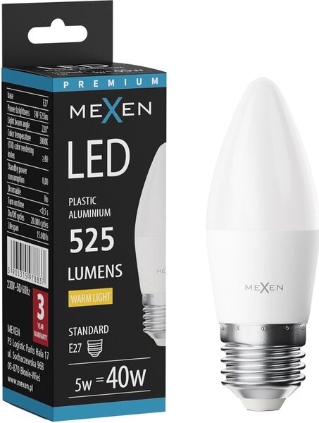 Mexen Nova, Bec LED E14, C37, 5W, Cald - 3000K, 525 lm - L102-E14-0530-01
