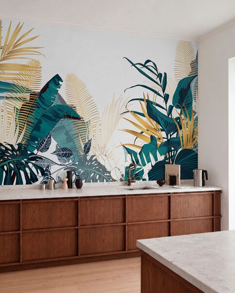 Tapet Un frunziș tropical verde luxuriant, inclusiv frunze de palmier, ferigi și alte plante exotice în, Fototapet Natură, w08338 : Uwalls.ro