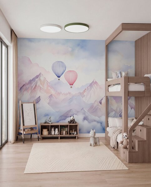 Tapet Watercolor munți cu baloane de aer, eteric , Fototapet Pentru Copii, Fototapet Baloane, w01786 : Uwalls.ro