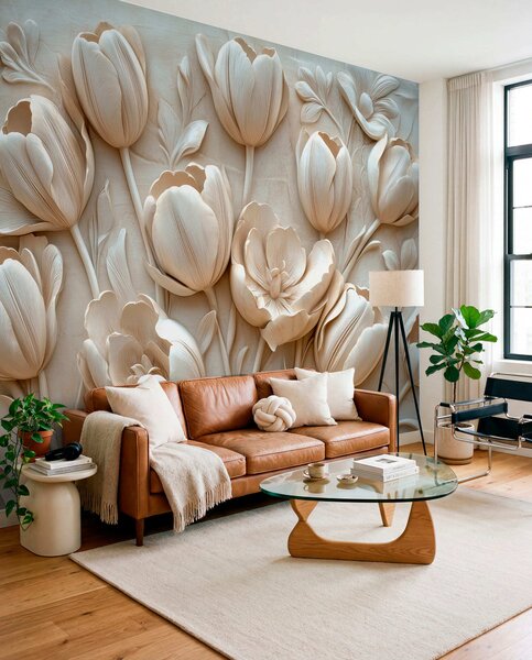 Tapet artă florală 3D cu lalele grațioase în culoarea bej, Fototapet 3D, Fototapet 3D Flori, w01851 : Uwalls.ro