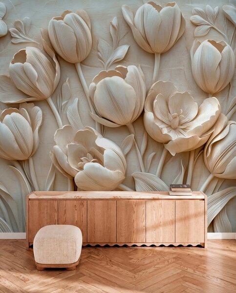 Tapet artă florală 3D cu lalele grațioase în culoarea bej, Fototapet 3D, Fototapet 3D Flori, w01851 : Uwalls.ro