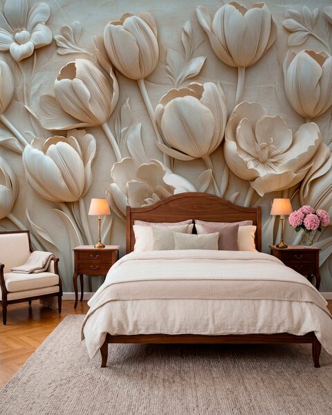 Tapet artă florală 3D cu lalele grațioase în culoarea bej, Fototapet 3D, Fototapet 3D Flori, w01851 : Uwalls.ro