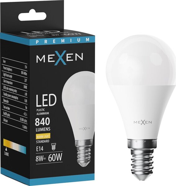 Mexen Nova, Bec LED E14, G45, 8W, lumină caldă - 3000K, 840 lm - L101-E14-0830-01