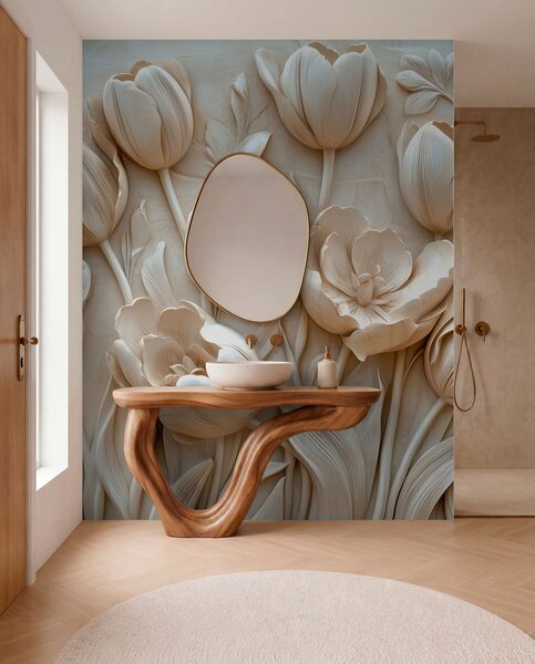 Tapet artă florală 3D cu lalele grațioase în culoarea bej, Fototapet 3D, Fototapet 3D Flori, w01851 : Uwalls.ro