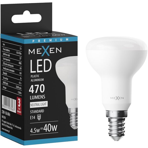 Mexen Nova, Bec LED E14, R50, 4.5W, Neutru - 4000K, 470 lm - L103-E14-0540-01