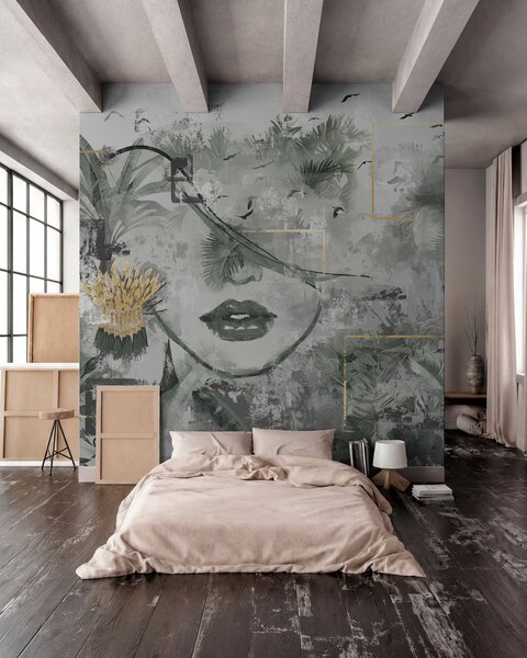 Tapet Grunge pădure tropicală și silueta feței unei fete, Fototapet Natură, w01916d1 : Uwalls.ro