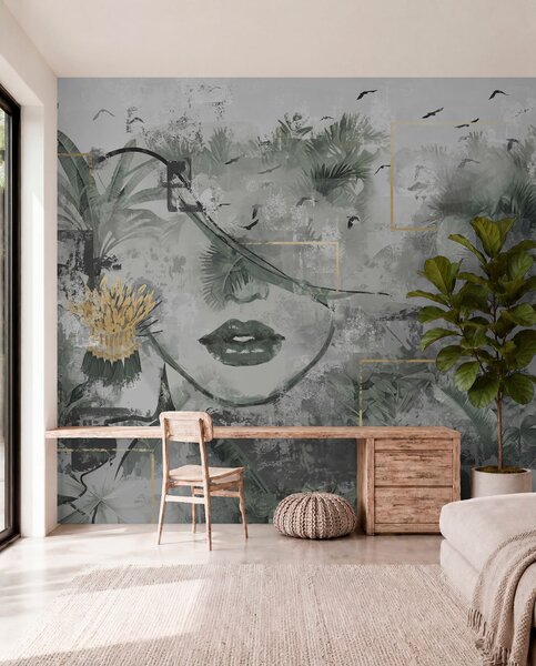 Tapet Grunge pădure tropicală și fata fata fata silueta, Fototapet Modern, w01916 : Uwalls.ro