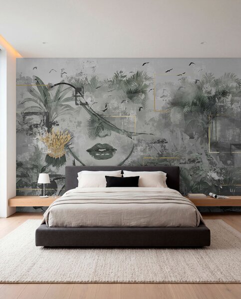 Tapet Grunge pădure tropicală și fata fata fata silueta, Fototapet Modern, w01916 : Uwalls.ro