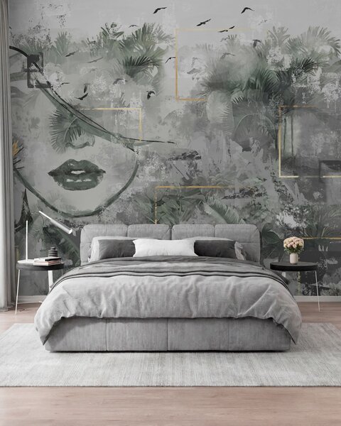 Tapet Grunge pădure tropicală și silueta feței unei fete, Fototapet Natură, w01916d1 : Uwalls.ro