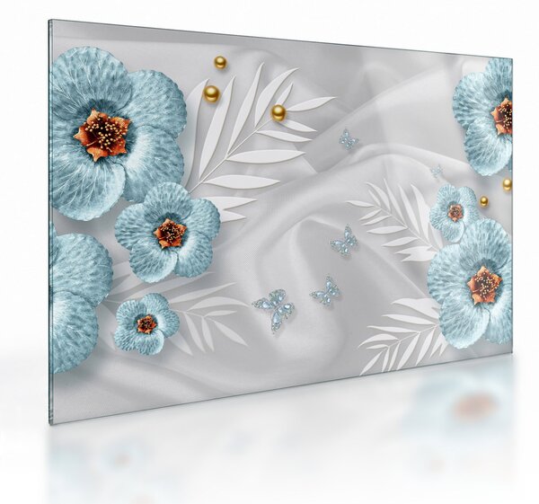Tablou pe sticlă - 3D Flori albastre (70x50 cm)