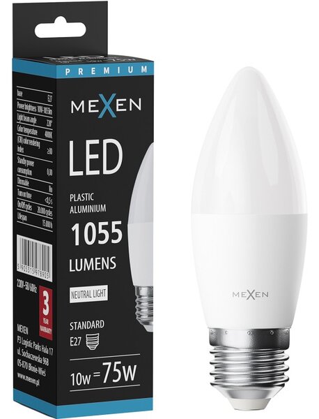 Mexen Nova, Bec LED E27, C37, 10W, Neutru - 4000K, 1055 lm - L102-E27-1040-01