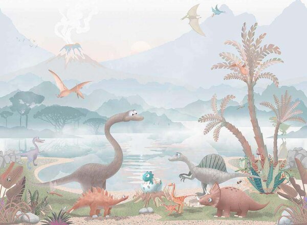 Fototapet Grup de dinozauri lângă un lac, Fototapet dinozauri, Fototapet populare, u60040v2 - Tapeko.ro