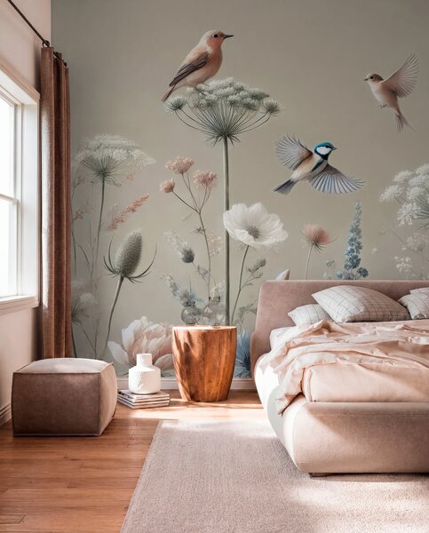 Tapet Delicate flori sălbatice cu păsări pe un fundal bej, Fototapet Acuarelă, w01958 : Uwalls.ro