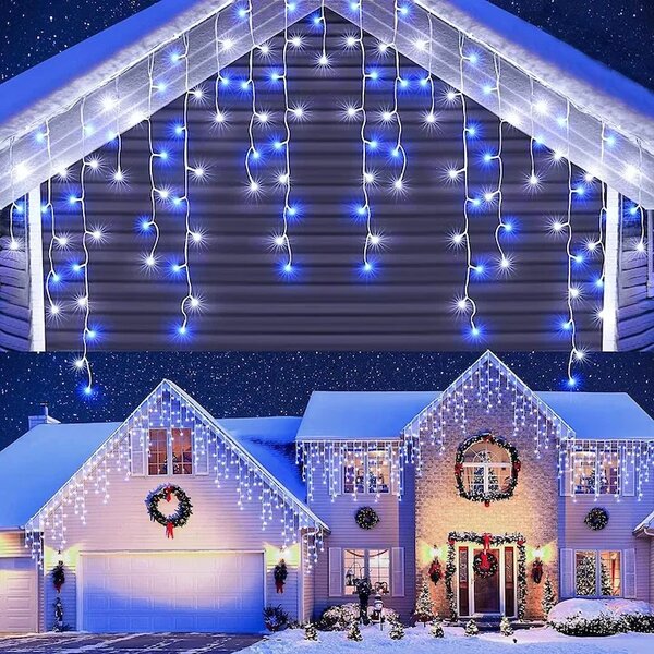 Instalatie pentru Craciun - Franjuri, cu LED-uri Tip Turturi, 12 metri - Albastru