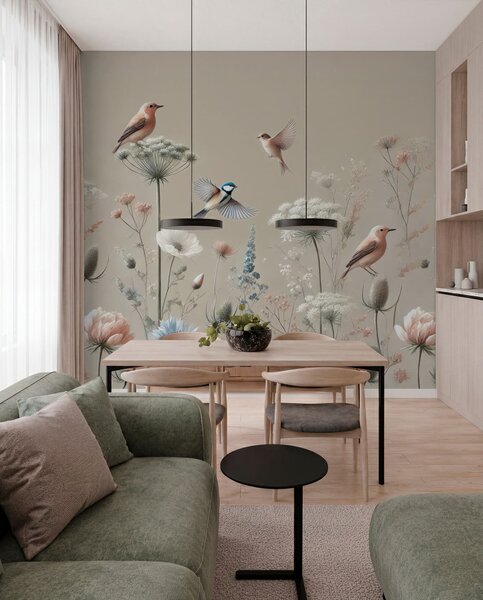 Tapet Delicate flori sălbatice cu păsări pe un fundal bej, Fototapet Acuarelă, w01958 : Uwalls.ro