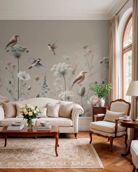 Tapet Delicate flori sălbatice cu păsări pe un fundal bej, Fototapet Acuarelă, w01958 : Uwalls.ro
