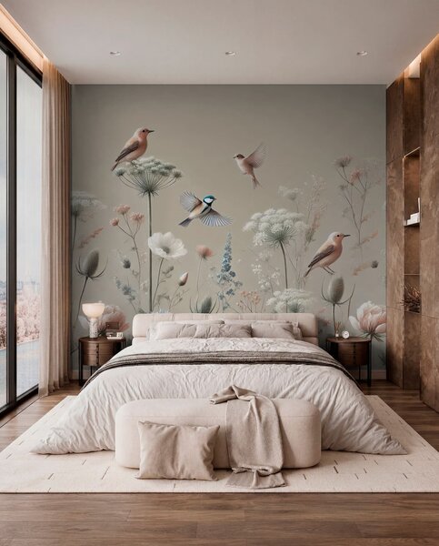 Tapet Delicate flori sălbatice cu păsări pe un fundal bej, Fototapet Acuarelă, w01958 : Uwalls.ro