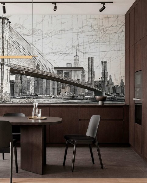 Tapet Panoramă a podului Brooklyn realizată într-o tehnică retro schițată cu linii și zgârieturi, Fototapet orașe și țări, w01961 : Uwalls.ro