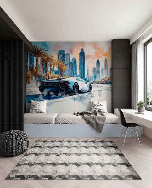 Tapet O mașină sport modernă albă de curse pe fundal de palmieri și zgârie-nori în tehnica acuarelă liberă, Fototapet Transport, w01963 : Uwalls.ro
