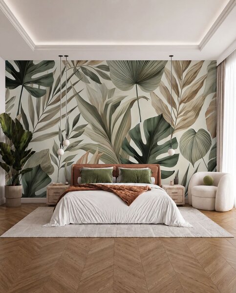 Tapet Frunze tropicale mari în nuanțe pastelate delicate reținute, Fototapet Natură, w02082 : Uwalls.ro