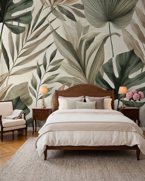 Tapet Frunze tropicale mari în nuanțe pastelate delicate reținute, Fototapet Natură, w02082 : Uwalls.ro