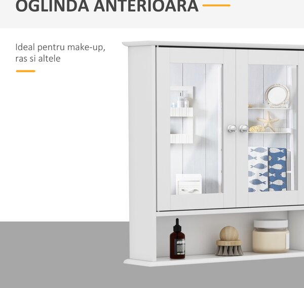 HomCom Dulap de Baie cu Oglindă, Spațiu Depozitare, 56x13x58 cm, Design Modern, Alb | Aosom Romania